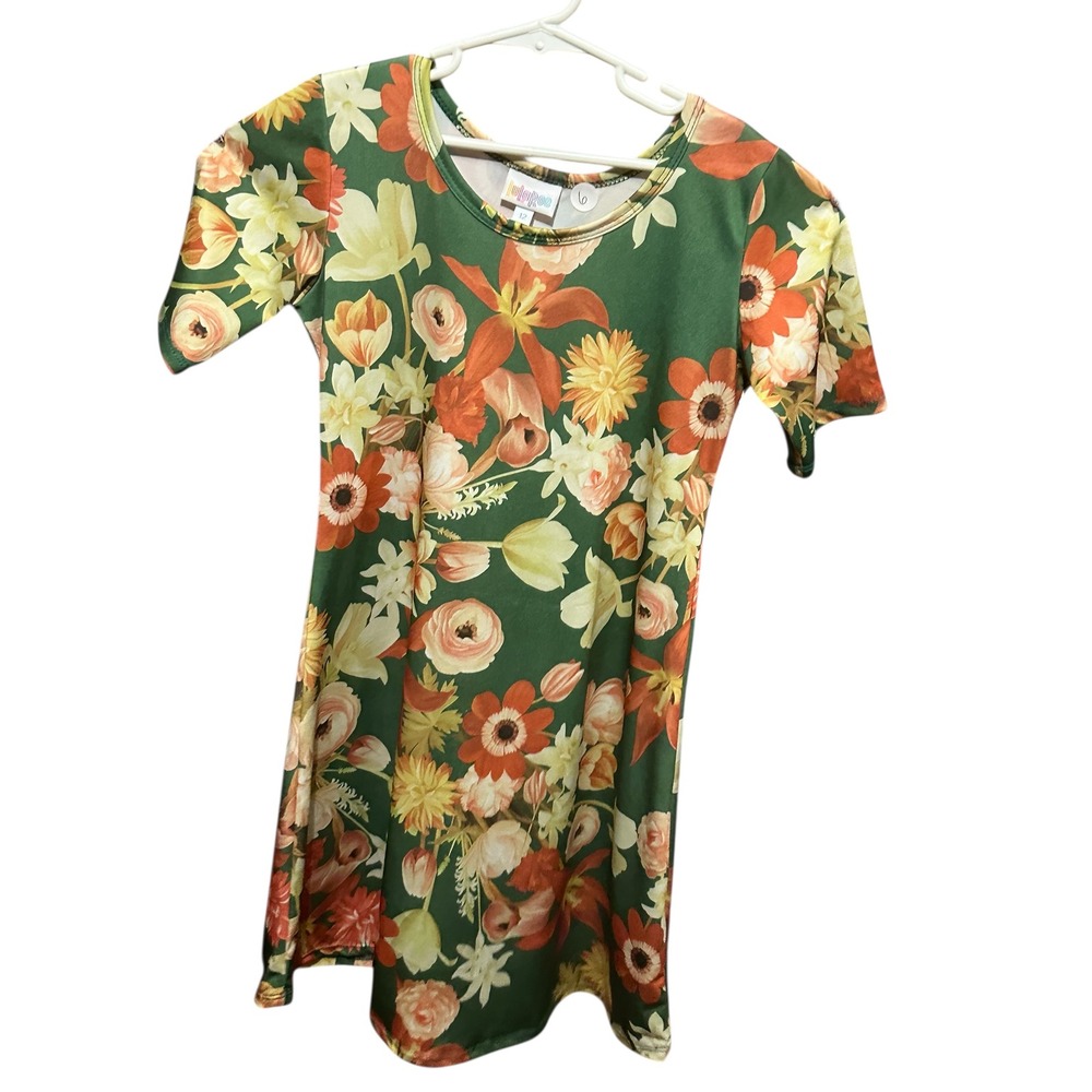 LuLaRoe Girls Scarlett Dress Size 12 Green‎ Floral Short Sleeve Swing High Low